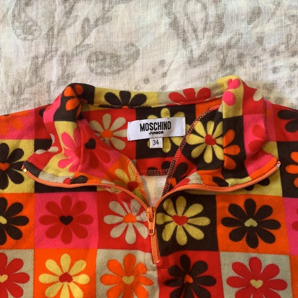 Moschino Junior Flower Orange Red Long Sleeve Zip Shirt Sz Girls 8 - Picture 2 of 15